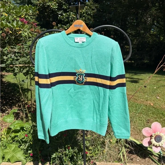 Vintage St. John collection green Teal knit Sweater with Crest and Stripes - Picture 6 of 7
